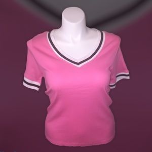 NWOT Rouge Pink Contrast Trim V Neck Rib Top